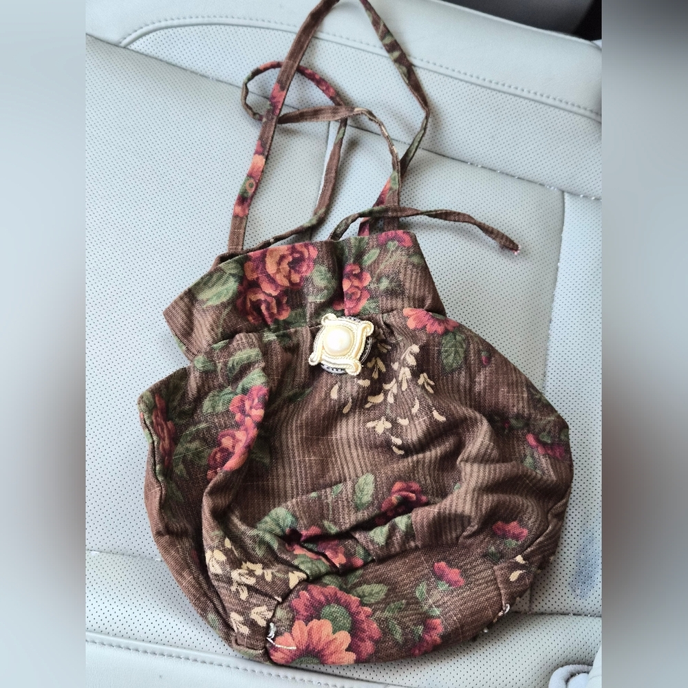 NWT Anthropologie Floral Suzanne Brown Satchel Purse With Faux Pearl Brooch